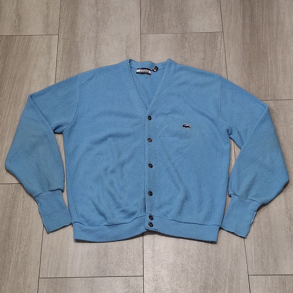 Vtg 70’s Izod Lacoste Men’s L Cardigan Sky Blue Sweater USA Button Kurt Cobain
